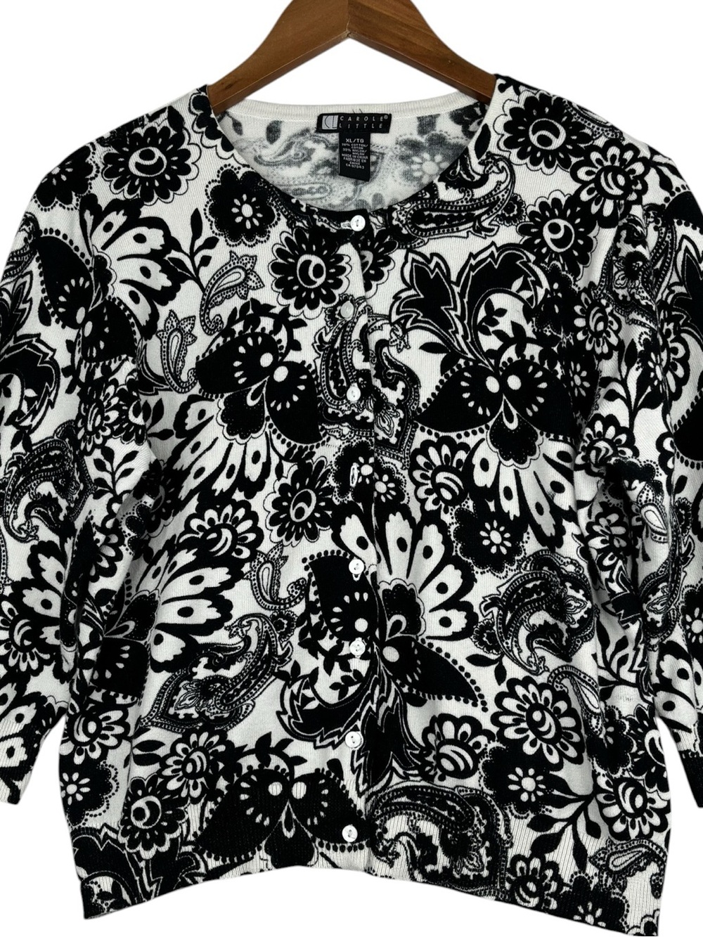 Carole Little Black & White Floral Patterned Button Down 1/2 Sleeve Cardigan XL